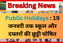 Public Holidays : 19 जनवरी तक स्कूल और दफ्तरों की छुट्टी घोषित, लगातार 8 दिन का अवकाश घोषित Public Holidays : 19 जनवरी तक स्कूल और दफ्तरों की छुट्टी घोषित, लगातार 8 दिन का अवकाश घोषित